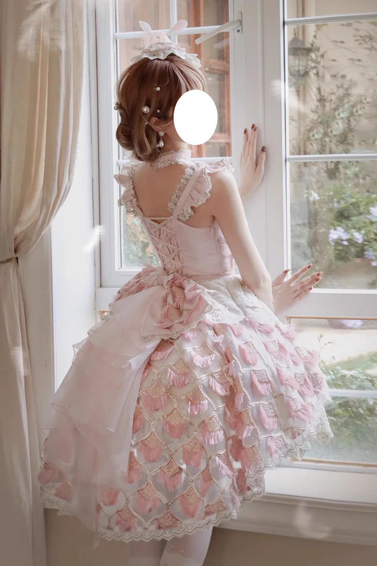 Pink Peacock Feather Multi-Layered Ruffle Hanayome Cardigan Bowknot Lace Sweet Lolita Jsk Dress Set