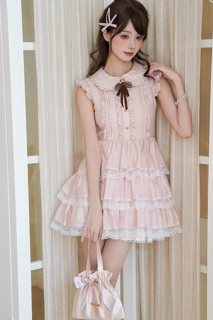 Pink Doll Collar Triple-Layered Ruffled Bow Lace Sweet Lolita Dress