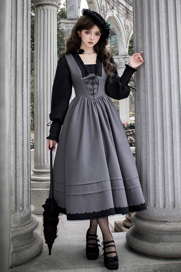 Grey Mist Chronicle Square Collar Long Sleeves Bowknot Lace-Up Color-Block Fake Two Pieces Classic Lolita Dress