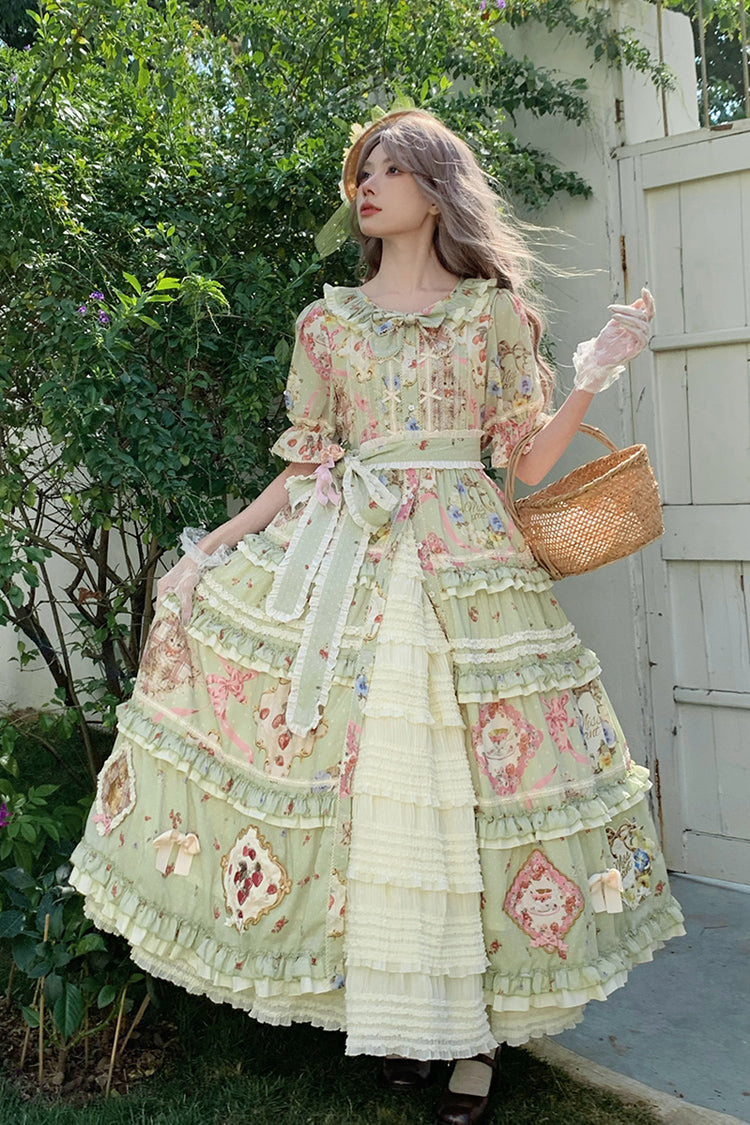 Green Cat Rose Tea Short Sleeves Print Ruffle Cardigan Bowknot Sweet Gorgeous Lolita Dress