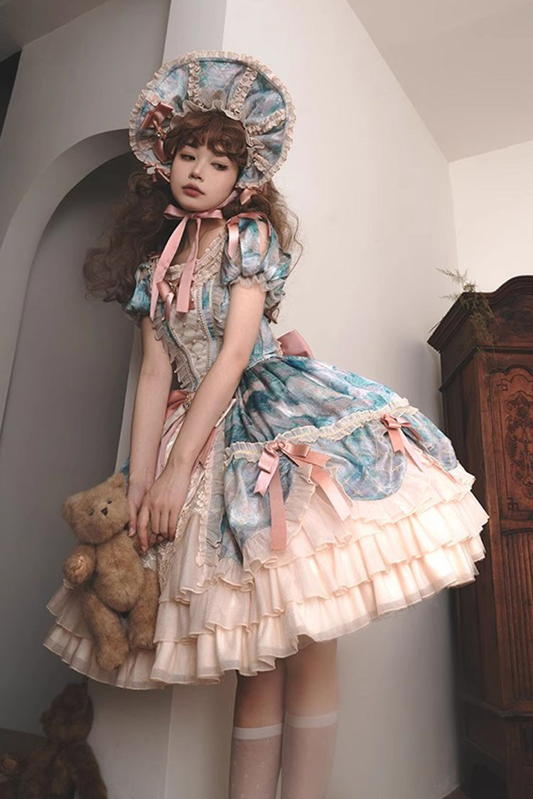 Angel Heart Sky Oil Painting Print Ruffle Cardigan Bowknot Sweet Princess Lolita Dress 3 Colors