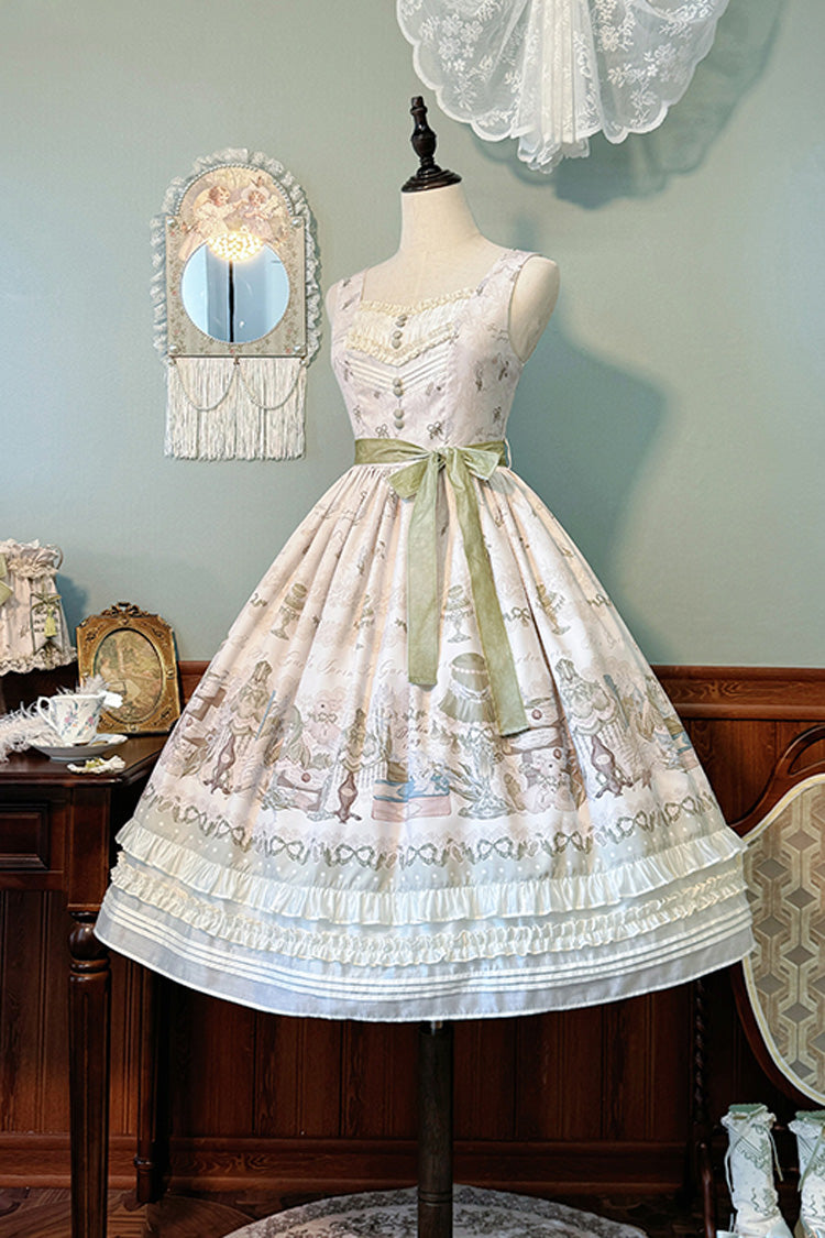 Iris Study V Collar Sleeveless Print Bowknot Lace Sweet Lolita Jumper Dress 2 Colors