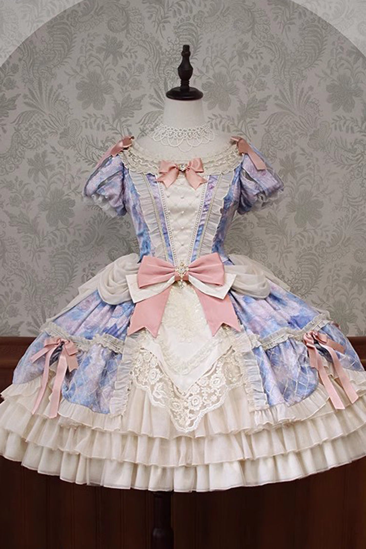 Angel Heart Sky Oil Painting Print Ruffle Cardigan Bowknot Sweet Princess Lolita Dress 3 Colors