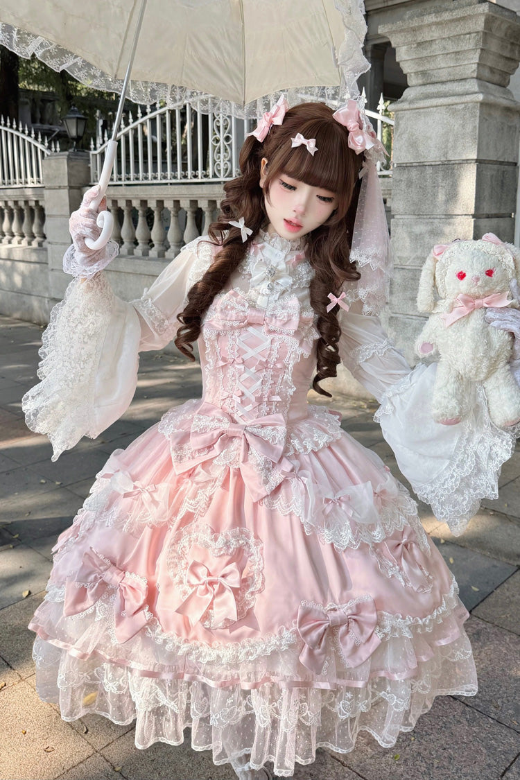Pink Sweetheart Sleeveless Multi-Layered Embroidered Bow Lace Lace-Up Sweet Lolita Jsk Dress