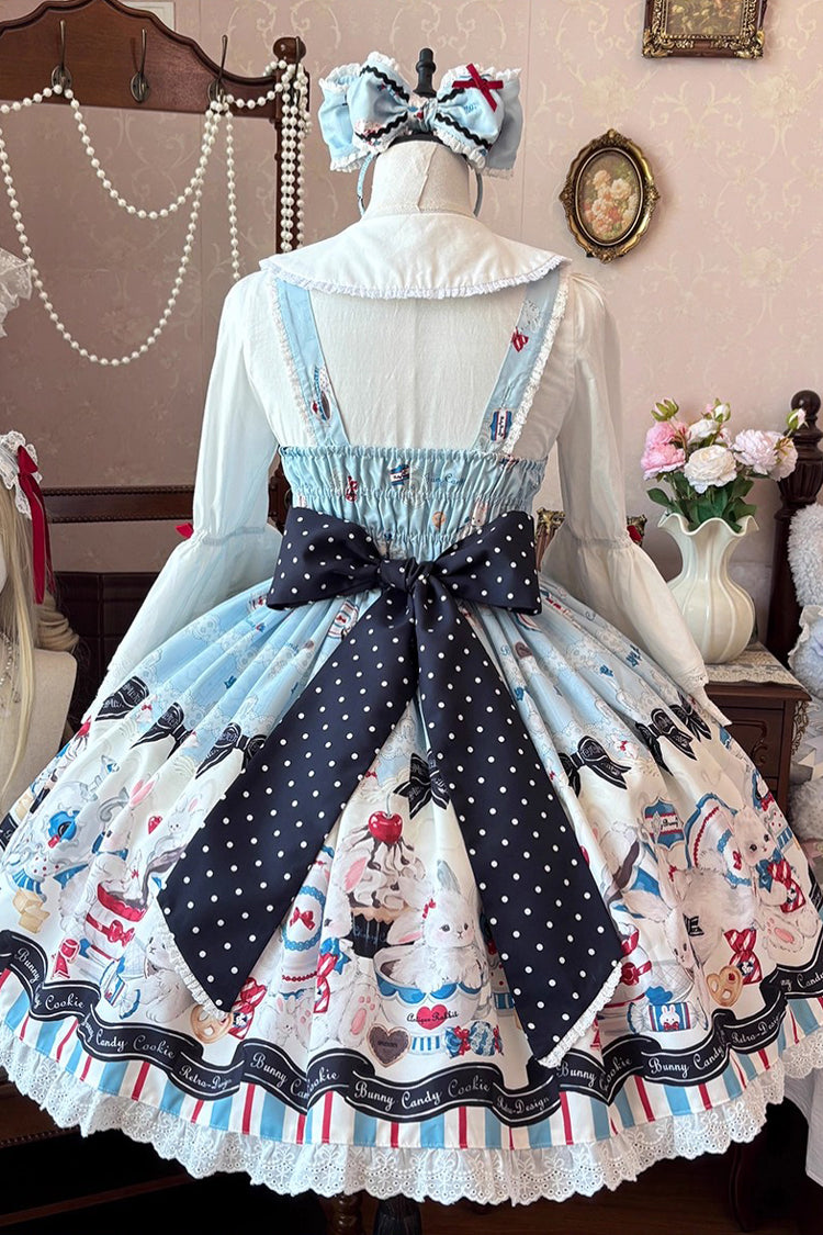 Blue Mystery Rabbit Tea Party Sleeveless Print Ruffle Bowknot Lace Sweet Lolita Jsk Dress