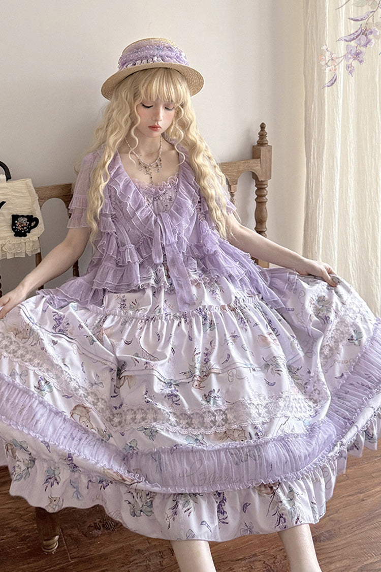 Purple Pea Squirrel Sleeveless Multi-Layered Pastoral Print Ruffle Embroidery Lace Sweet Elegant Lolita Jsk Dress