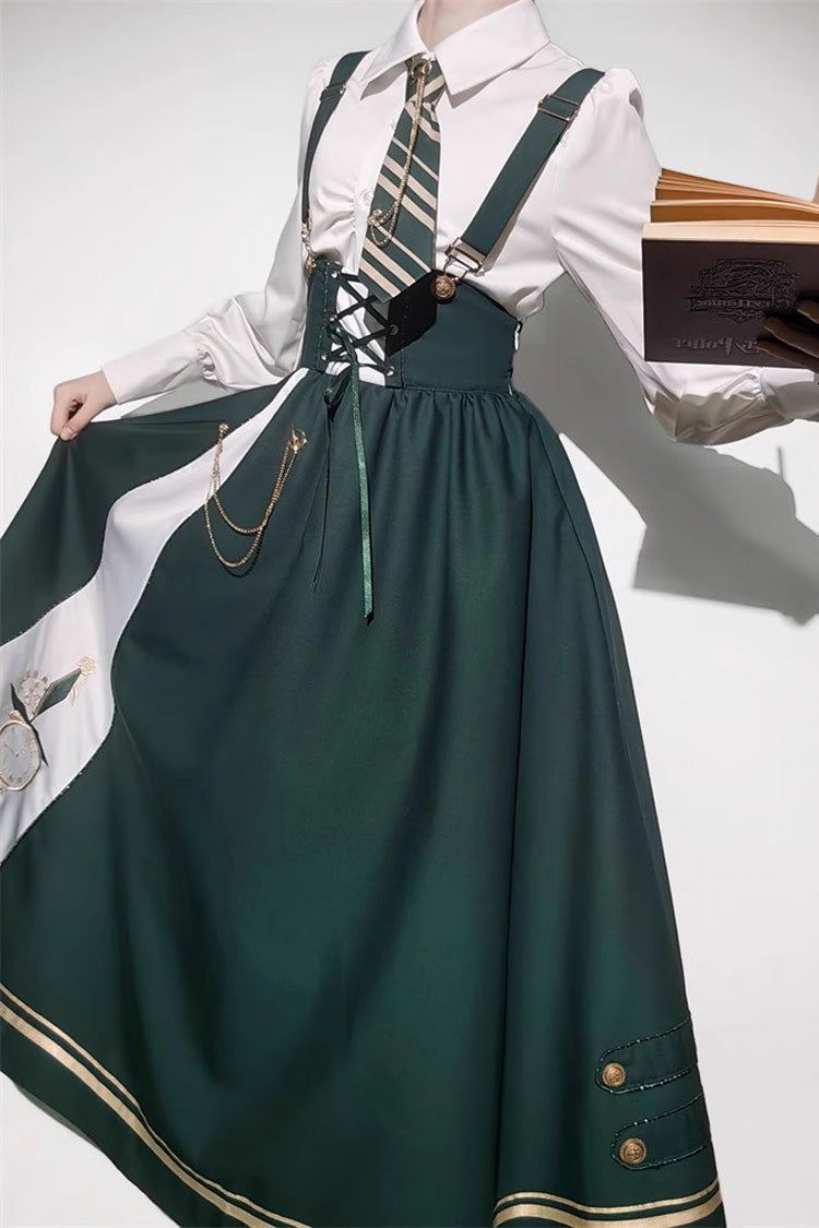 Green Time Traveler Print College Style Sweet Lolita Strap Dress 4 Piece Set