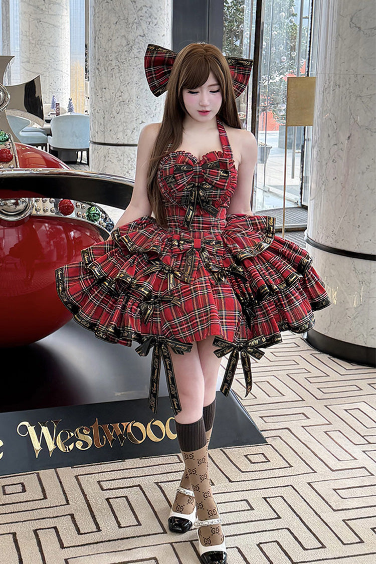 Red Rock Kitty Sleeveless Triple-Layered Printed Ruffled Bow Gothic Lolita Jsk Dress