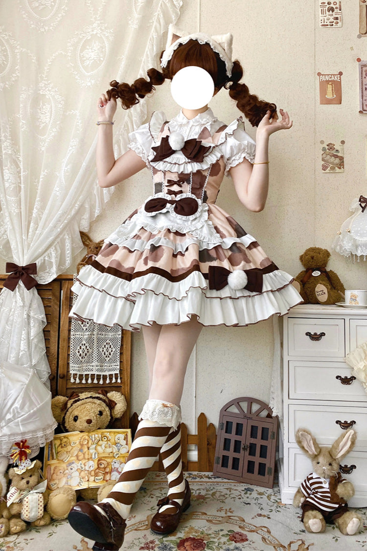 Brown Calico Cat Sleeveless Triple-Layered Printed Ruffled Bow Plush Sweet Lolita Jsk Dress