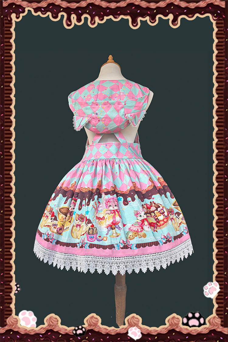 Cream Meow Sleeveless Print Bowknot Hooded Sweet Lolita Strap Dress 3 Colors