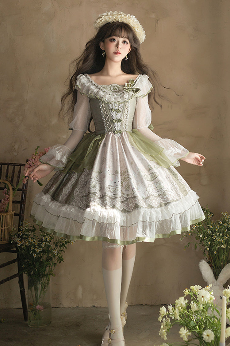 Green Teacup Rabbit Little Fresh Print Ruffle Bowknot Lace Lace-Up Sweet Lolita OP Dress