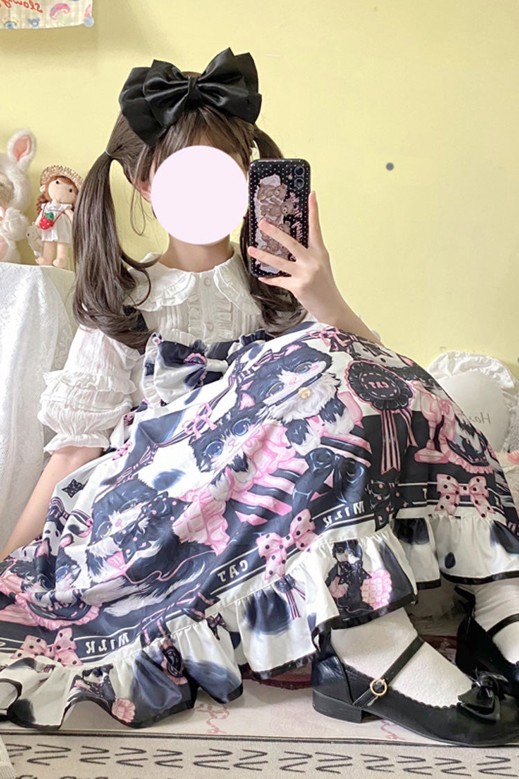 Multi-Color Cow Cat Print Ruffle Bowknot Sweet Lolita Jsk Dress