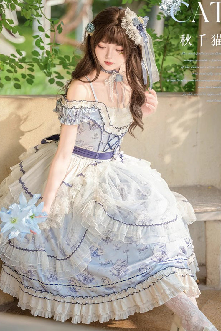 Blue Swing Cat Print Ruffle Bowknot Lace Sweet Elegant Lolita Jsk Dress