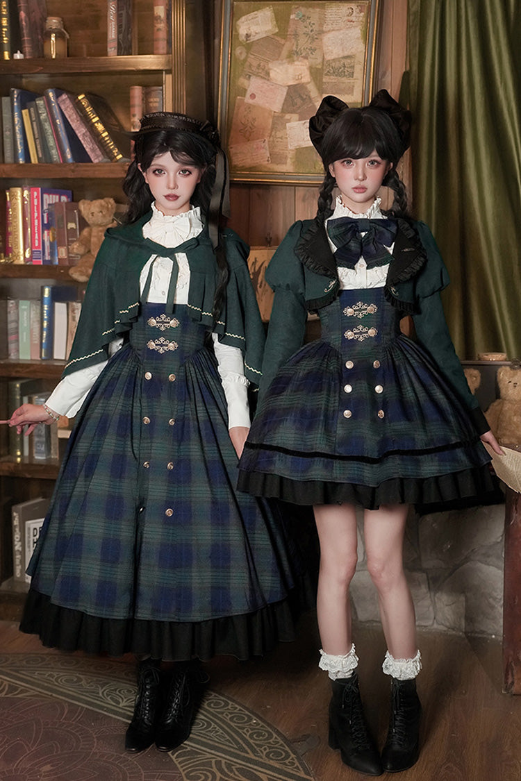 Blue/Green Berlin's letter Double-Layered Plaid Print Ruffle Bowknot Classic College Style Lolita Strap Dress Set 2 Versions