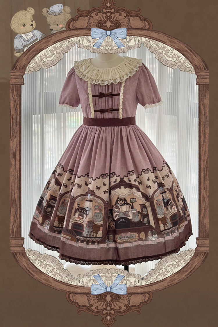Pink/Purple Short Sleeves Bear Print Bowknot Classic Lolita Dress