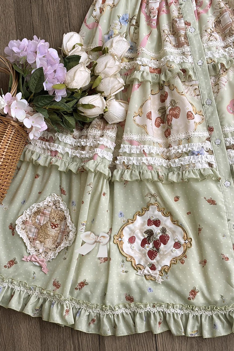 Green Cat Rose Tea Print Ruffle Sweet Gorgeous Lolita Skirt