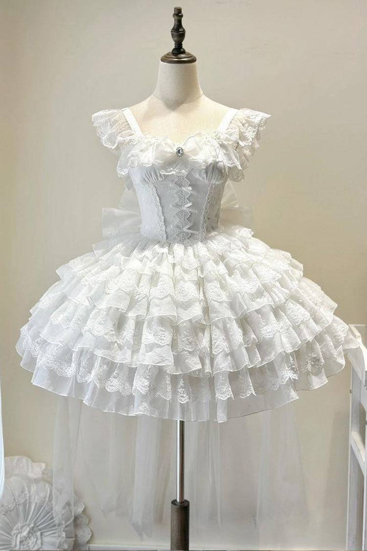White From Broken Wings to Rebirth Sleeveless Multi-Layered Ruffle Bowknot Lace-Up Gothic Ballet Lolita Jsk Dress