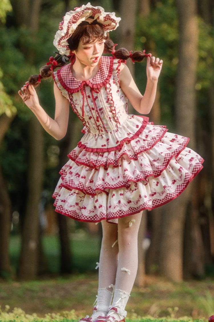 Red Triple-Layered Cherries Are Ripe Print Ruffle Sweet Lolita Skirt Set