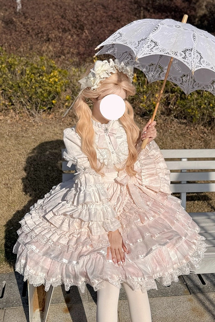 Pink The Soloist Doll Long Hime Sleeves Multi-Layered Print Ruffle Bowknot Asymmetric Sweet Lolita Dress