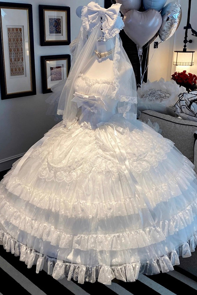 White Maiden Lace Off Shoulder Triple-Layered Ruffle Hanayome Bowknot Lace Sweet Lolita Jsk Dress