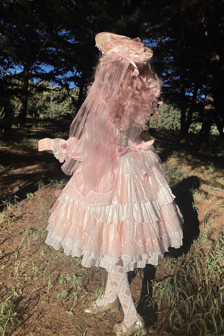 Pink Hanayome Long Sleeves Bowknot Multi-Layer Ruffled Sweet Lolita OP Tiered Dress