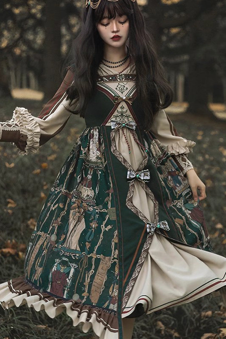 Dark Green Tarot Print Long Puff Sleeves Ruffle Bowknot Ripped Sweet Elegant Lolita Dress