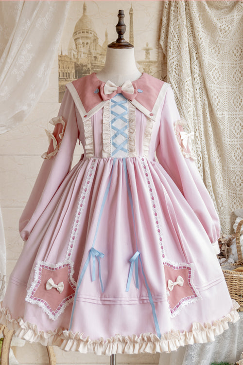 Round Collar Chiffon Ruffled Lantern Sleeves Pentagram Embroidered High Waisted Sweet Lolita OP Dress