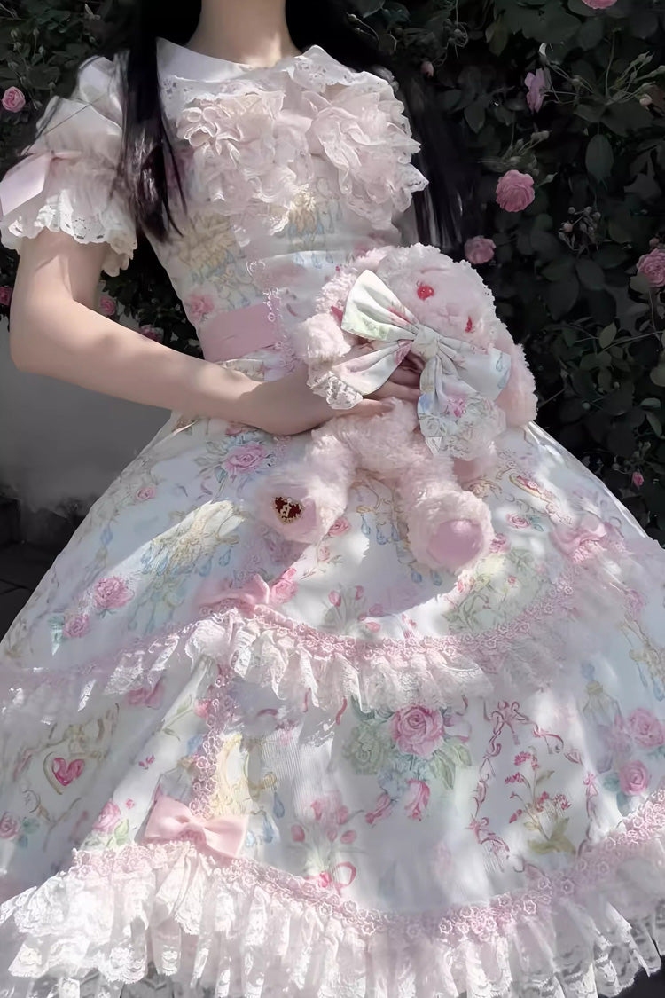 White/Pink Sleeveless Flower Wall Print Ruffle Bowknot Lace Sweet Lolita Jsk Dress