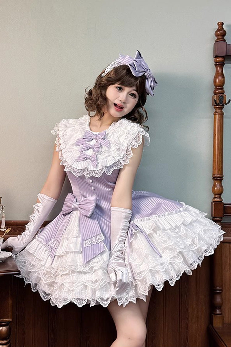 Purple Miss Tsundere Sleeveless Multi-Layered Ruffle Bowknot Lace Asymmetric Sweet Princess Lolita Dress