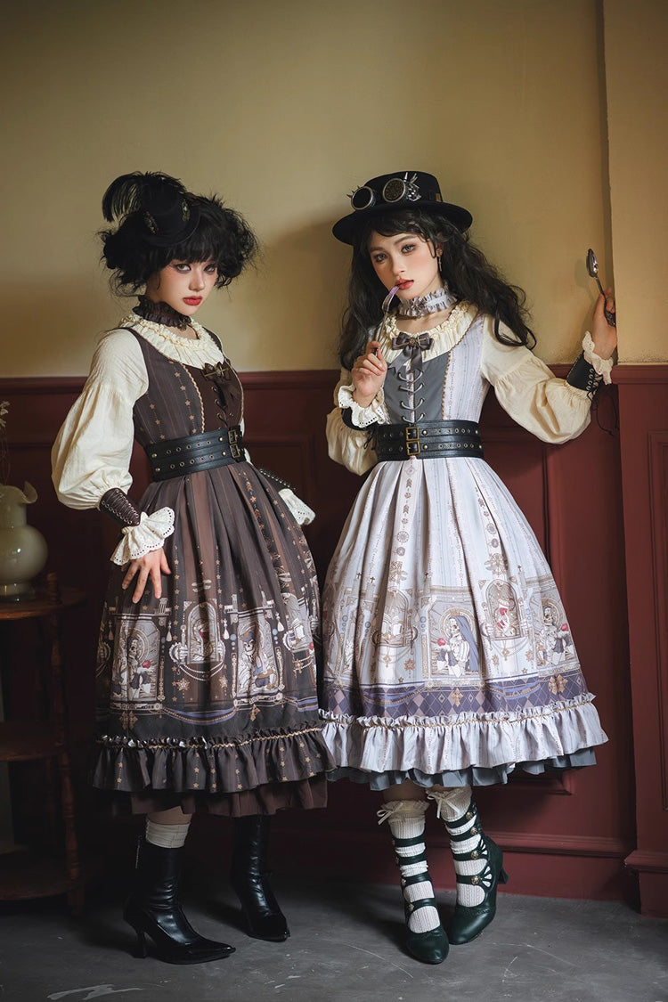 Demon Hunting Notes Long Lantern Sleeves Print Ruffle Sweet Elegant Lolita Dress 2 Colors