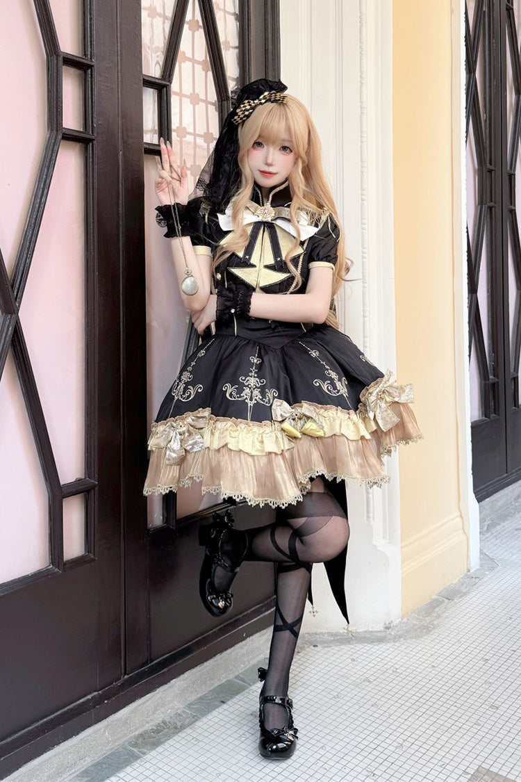 Black Gilded Oath Short Sleeves Double-Layered Ruffle Embroidery Bowknot Gothic Lolita Dress