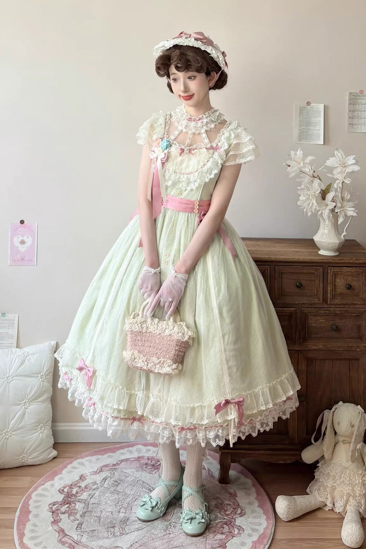 Green Sakura's Spring Resonance Sleeveless Ruffled Bow Sweet Lolita Jsk Dress (Long Version)