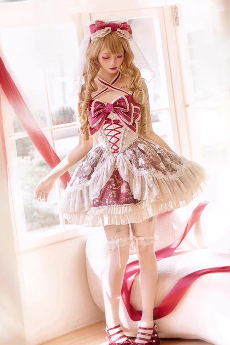 Red Lilibet Print Ruffle Cardigan Bowknot Lace Fishbone Sweet Lolita Dress