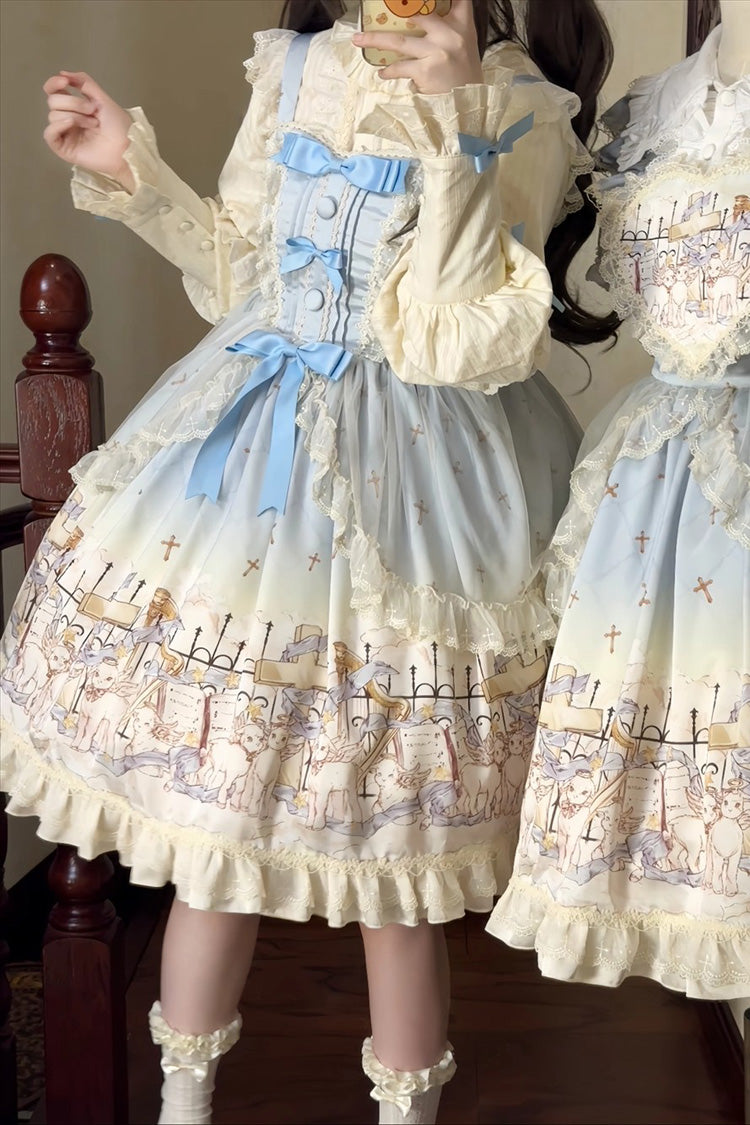 Angel Lamb Sleeveless Printed Ruffled Bow Sweet Lolita Jsk Dress 3 Colors
