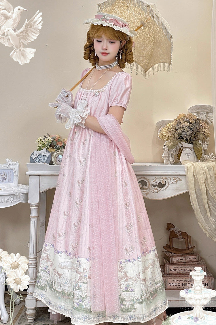 Pink Spring of Nai Square Collar Short Sleeves Print Pearl Sweet Elegant Lolita Dress