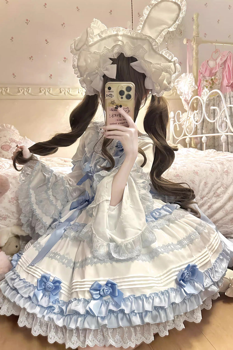 White/Blue Layered Sea Salt Ice Short Sleeves Ruffle Bowknot Lace Sweet Lolita Dress