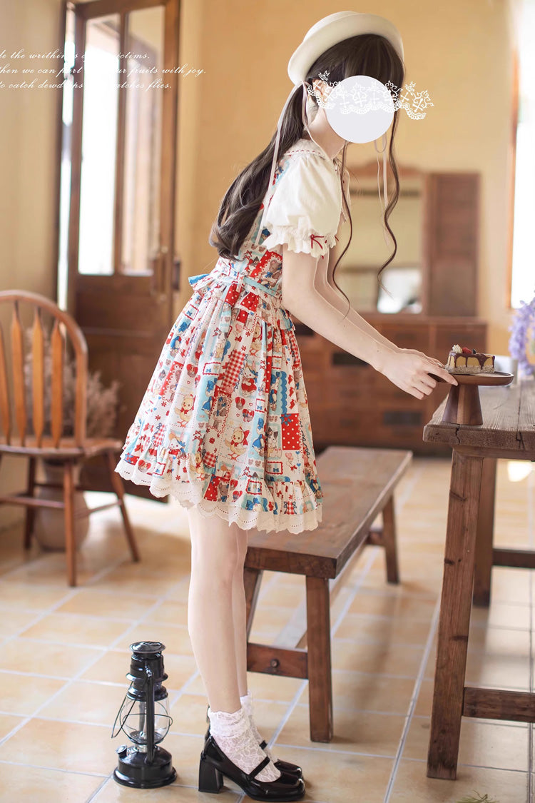 Multi-Color Linlang Painting Shop Short Sleeves Print Ruffle Bowknot Lace Sweet Vintage Lolita Dress