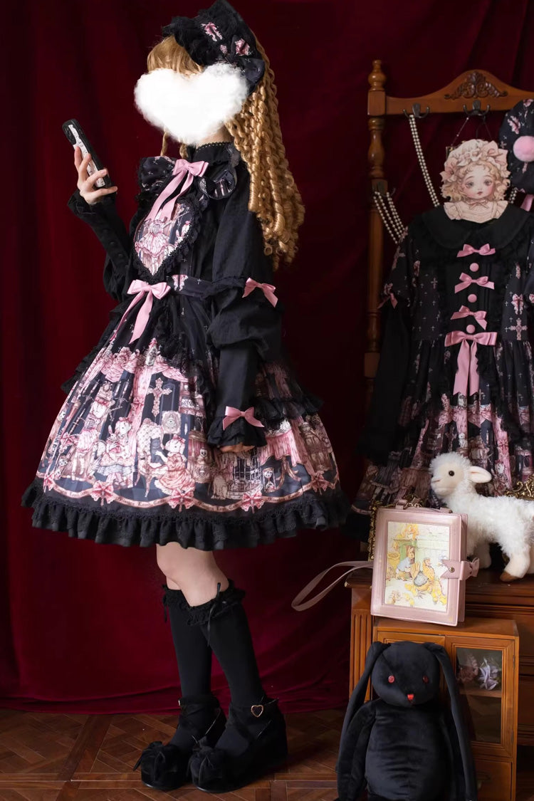 Black The Case of the Missing Lamb Print Ruffle Bowknot Lace Gothic Lolita SK Skirt