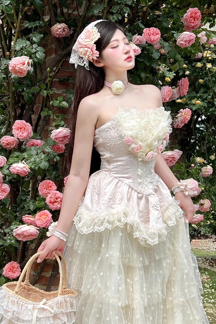 Pink Flower Goddess of Love Ruffle Bowknot Lace Sweet Elegant Lolita Maxi Skirt Dress Set