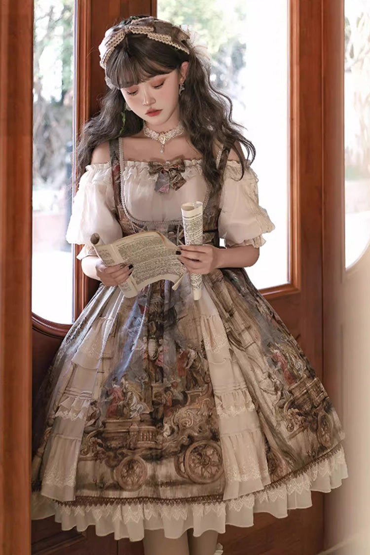 Brown Cloria Oil Painting Print Bowknot Lace Sweet Elegant Palace Lolita Jsk Dress