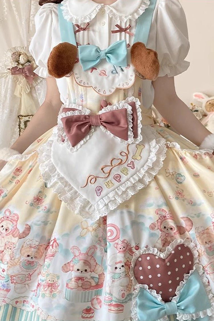 Multi-Color Sweet Pet Paradise Print Ruffle Bowknot Vintage Lolita Strap Dress