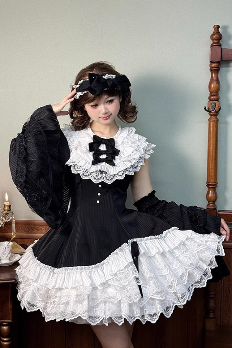Black/White Miss Tsundere Sleeveless Multi-Layered Ruffle Bowknot Lace Asymmetric Sweet Princess Lolita Dress