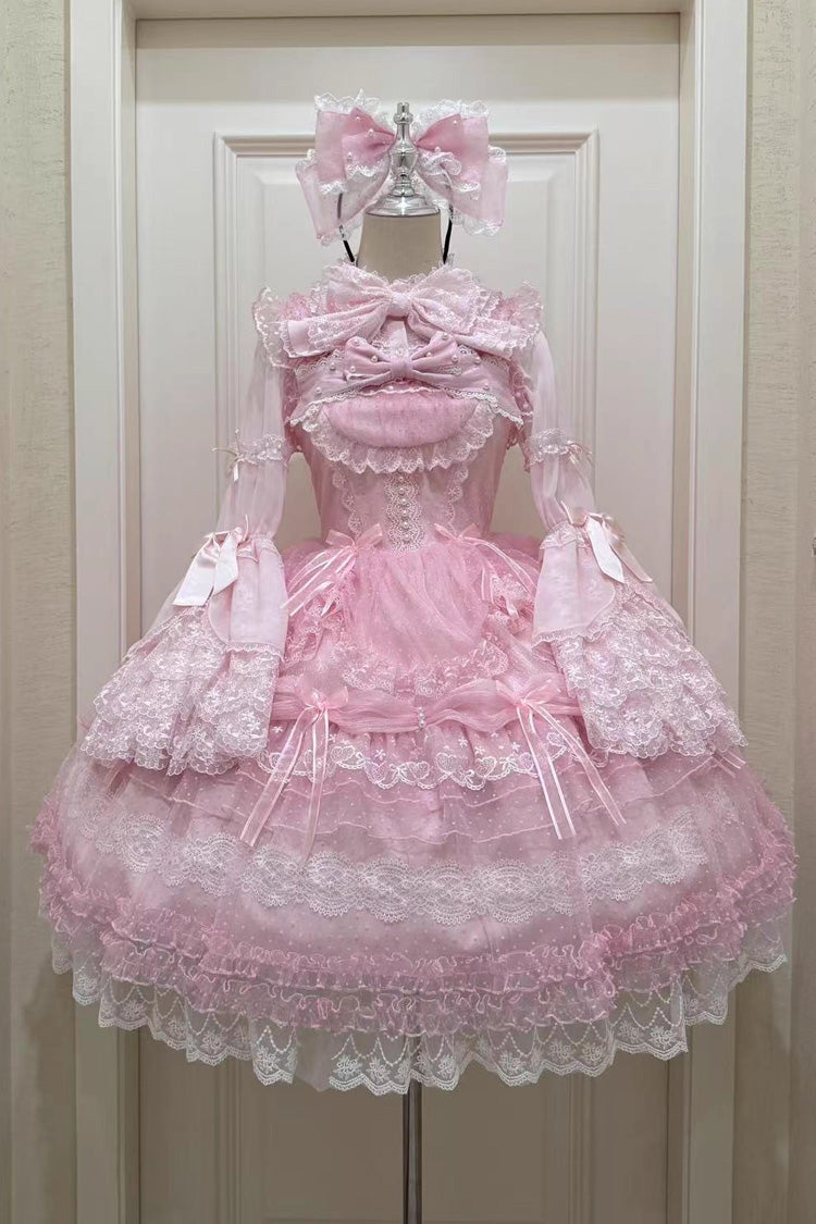 Pink Sugar Heart Knot Multi-Layered Ruffled Bow Lace Sweet Lolita Jsk Dress