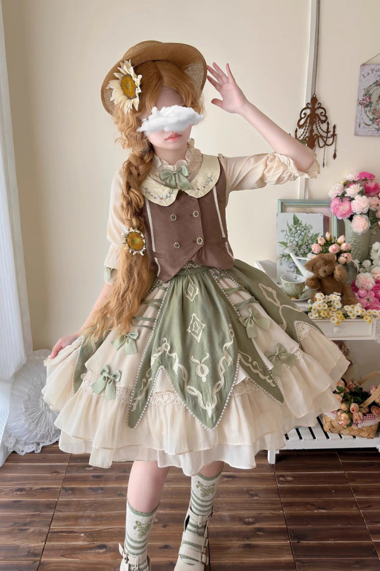 Green The Wizard of Oz Multi-Layered Print Ruffle Bowknot Sweet Lolita Dress Three Piece Set