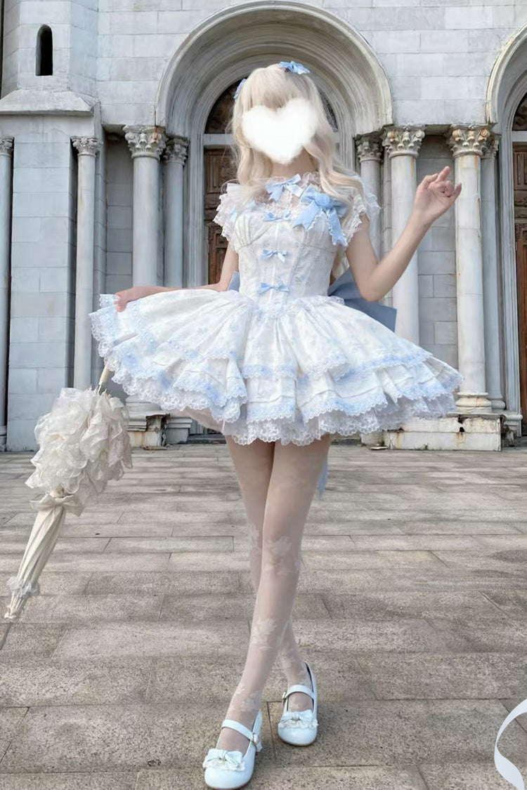 Blue First Love Rose Multi-Layered Print Ruffle Bowknot Lace Sweet Lolita Jsk Dress Set