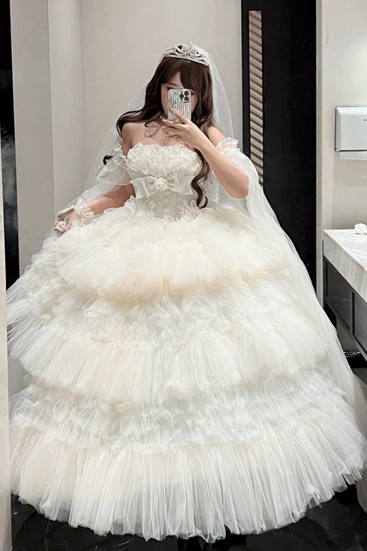 White Maiden's Love Off Shoulder Triple-Layered Ruffled Hanayome Bow Lace Sweet Princess Lolita Dress