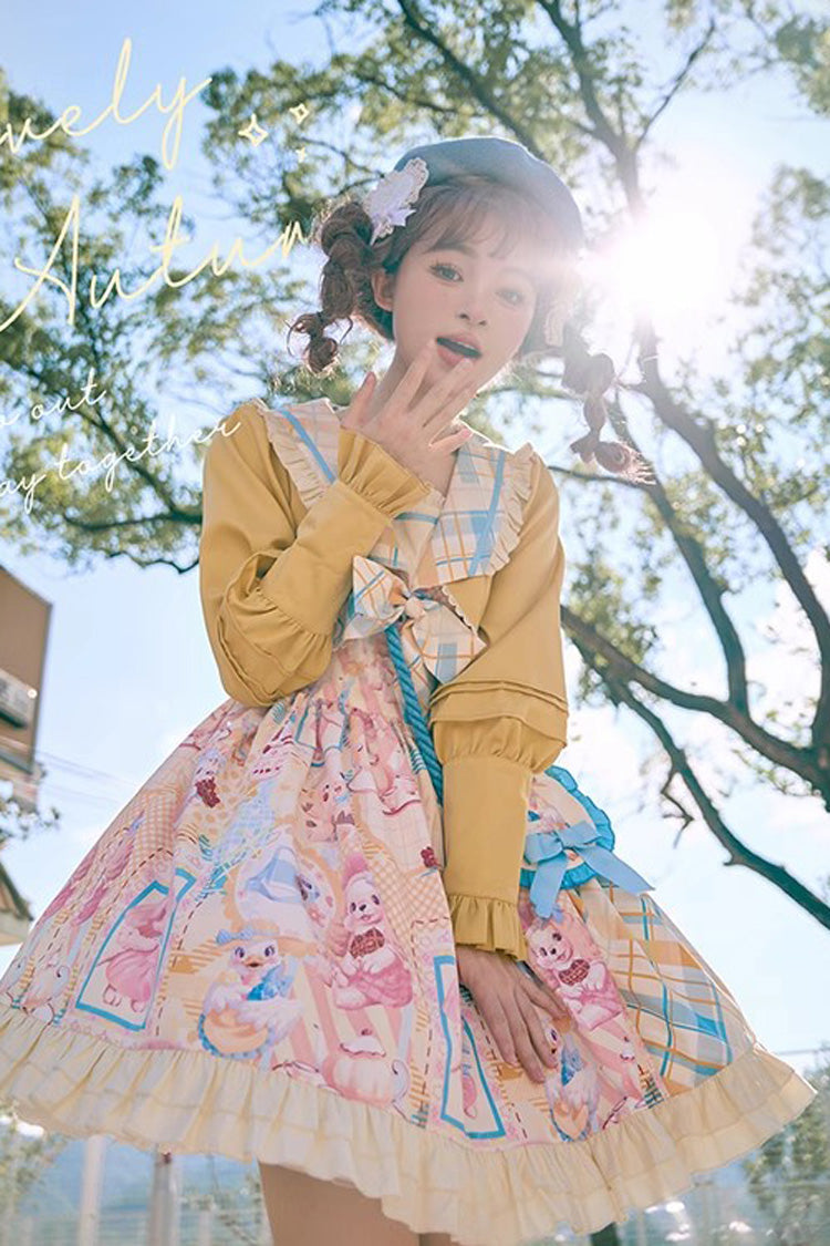 Yellow/Pink Cat Holiday Print Ruffle Bowknot Fake Two Pieces Sweet Lolita Dress