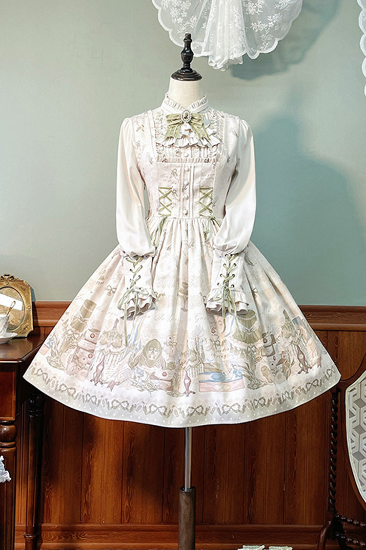 Iris Study Square Collar Print Bowknot Lace-Up Sweet Lolita Jumper Dress 2 Colors