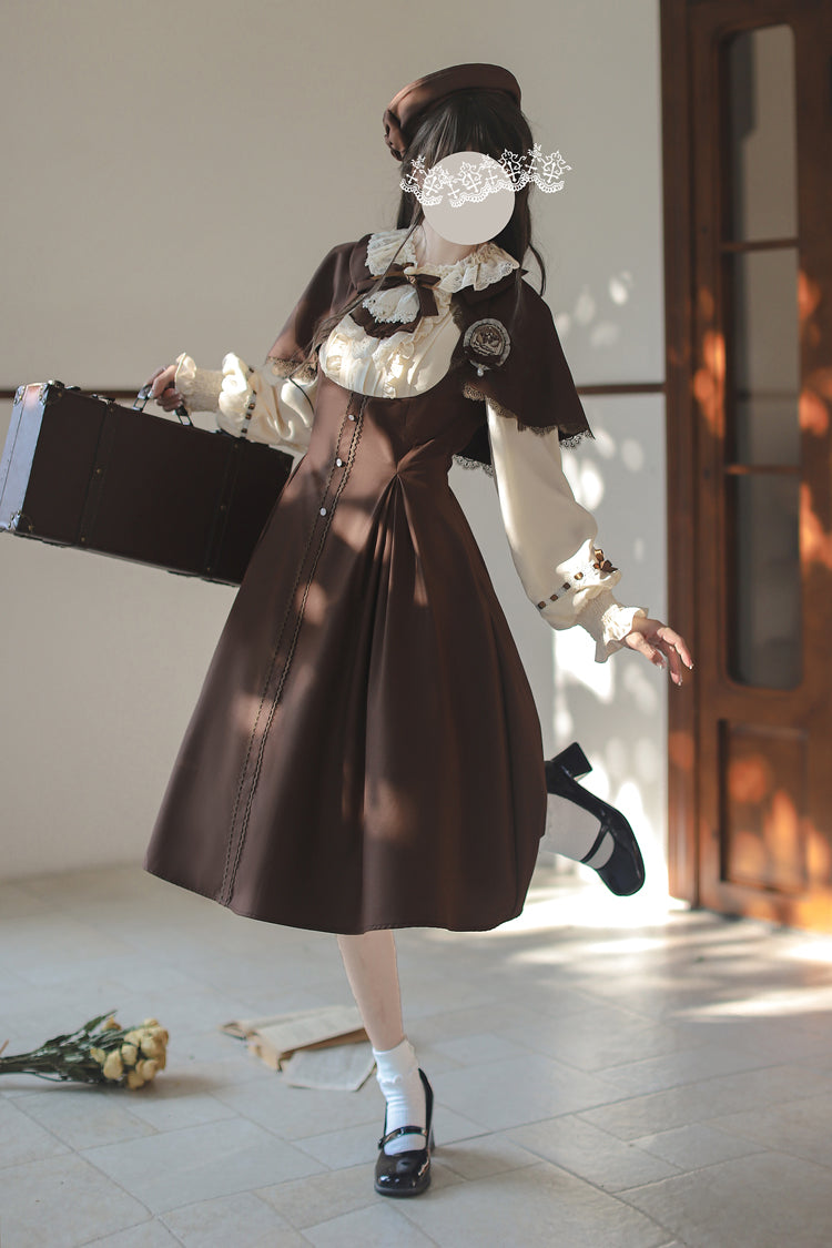 Brown/White Sunset Academy Long Sleeves Ruffle Bowknot Fake Two Pieces Vintage College Style Elegant Lolita Dress