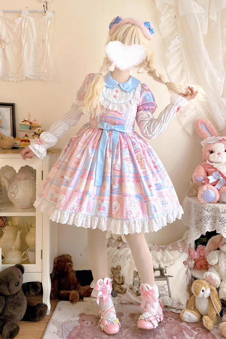 Sweetheart Bunny Bear Lapel Collar Long Sleeves Print Ruffle Bowknot Sweet Lolita Dress 3 Colors